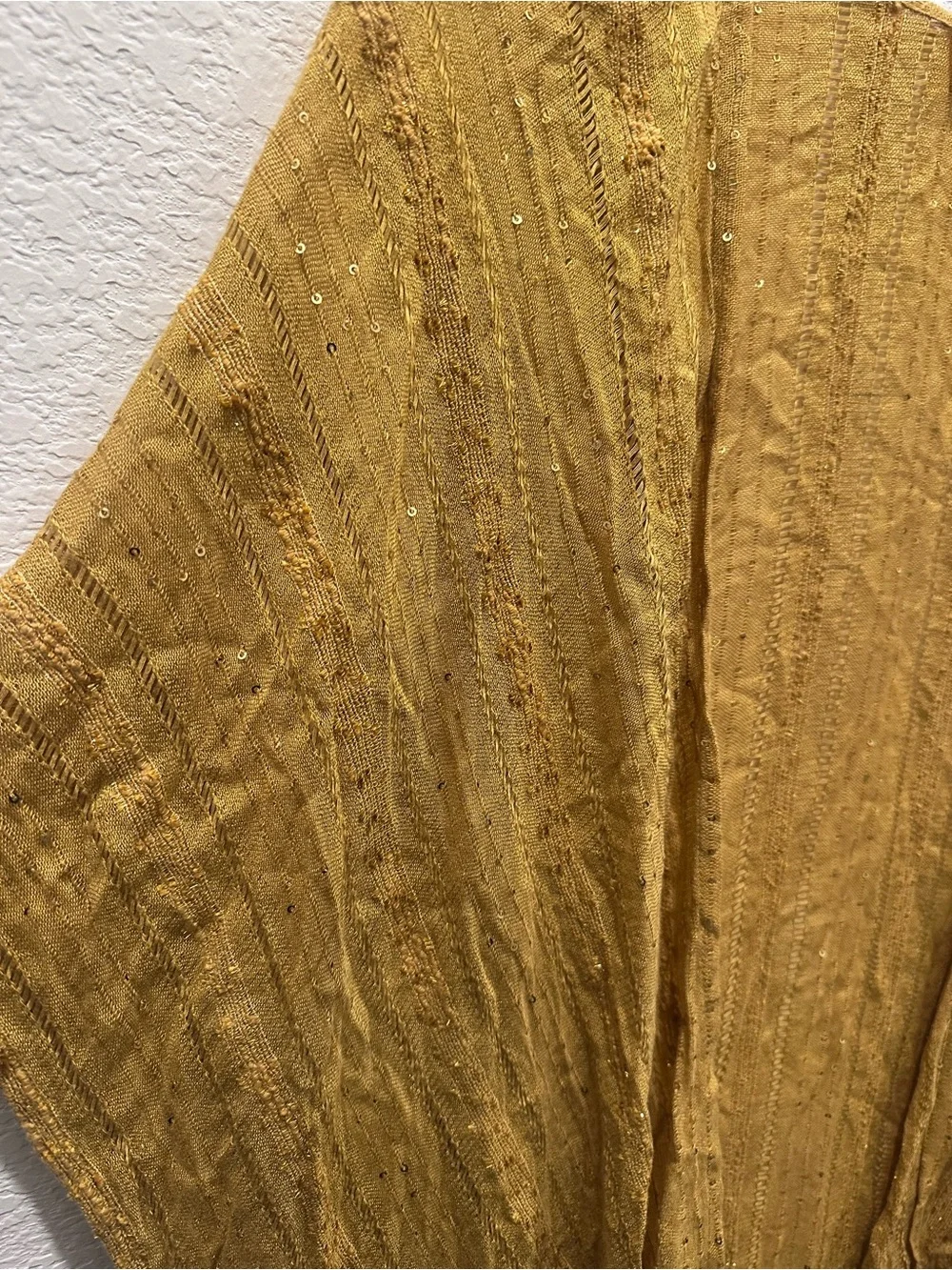 Free People Mustard Yellow Sequin Pointelle Open Front‎ Kimono Wrap OS